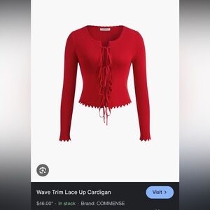 Commense Wave Trim Lace Up Cardigan - Red